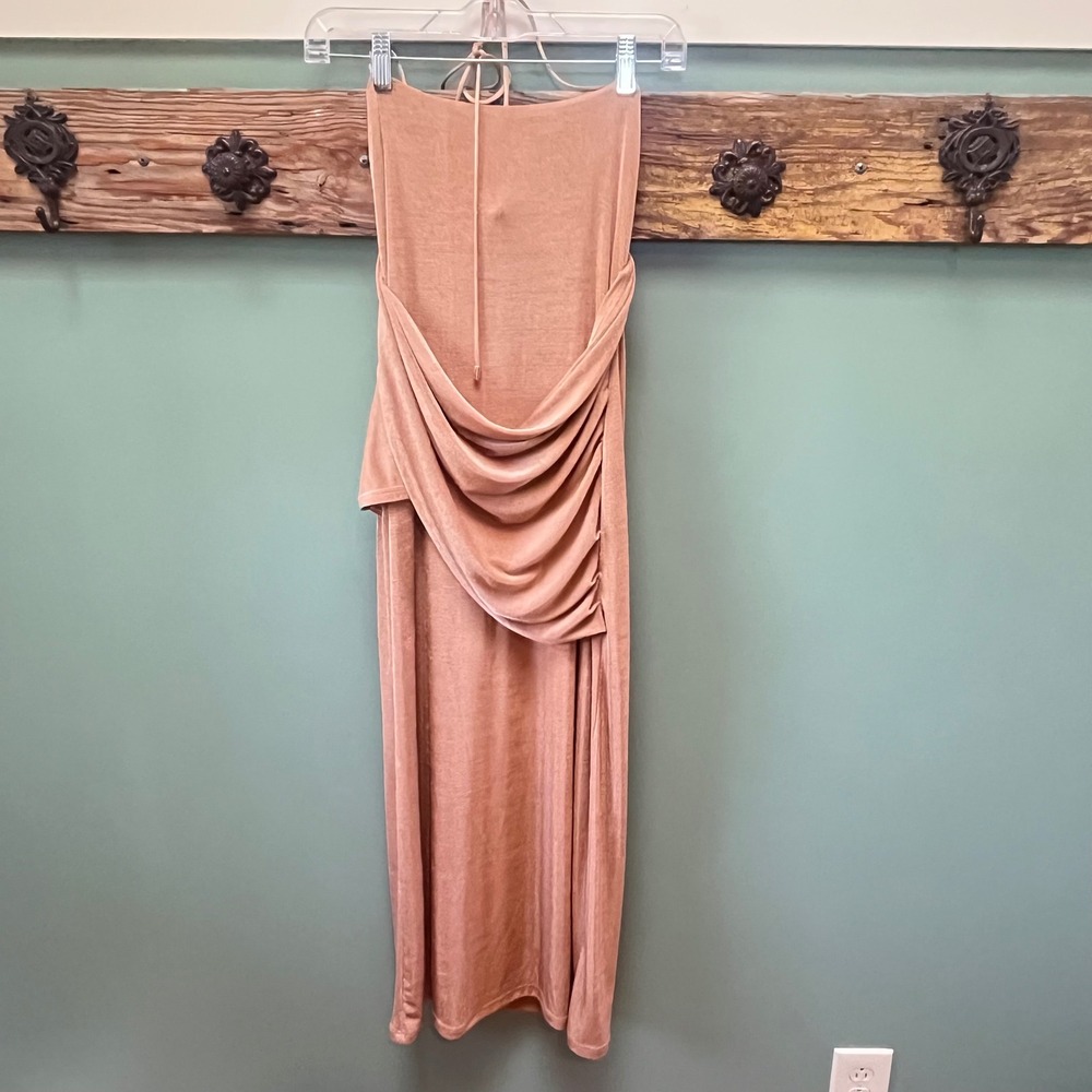 Significant Other Evelyn Dress Sand Metallic Knit Open Back Midi US 6 SD201078D